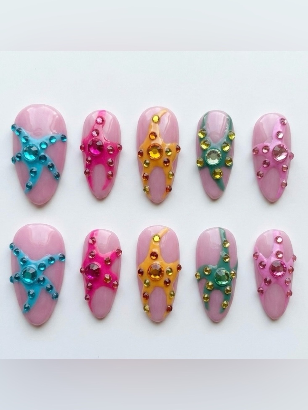 Pink Jeweled Press-On Nails with Multicolor Gems